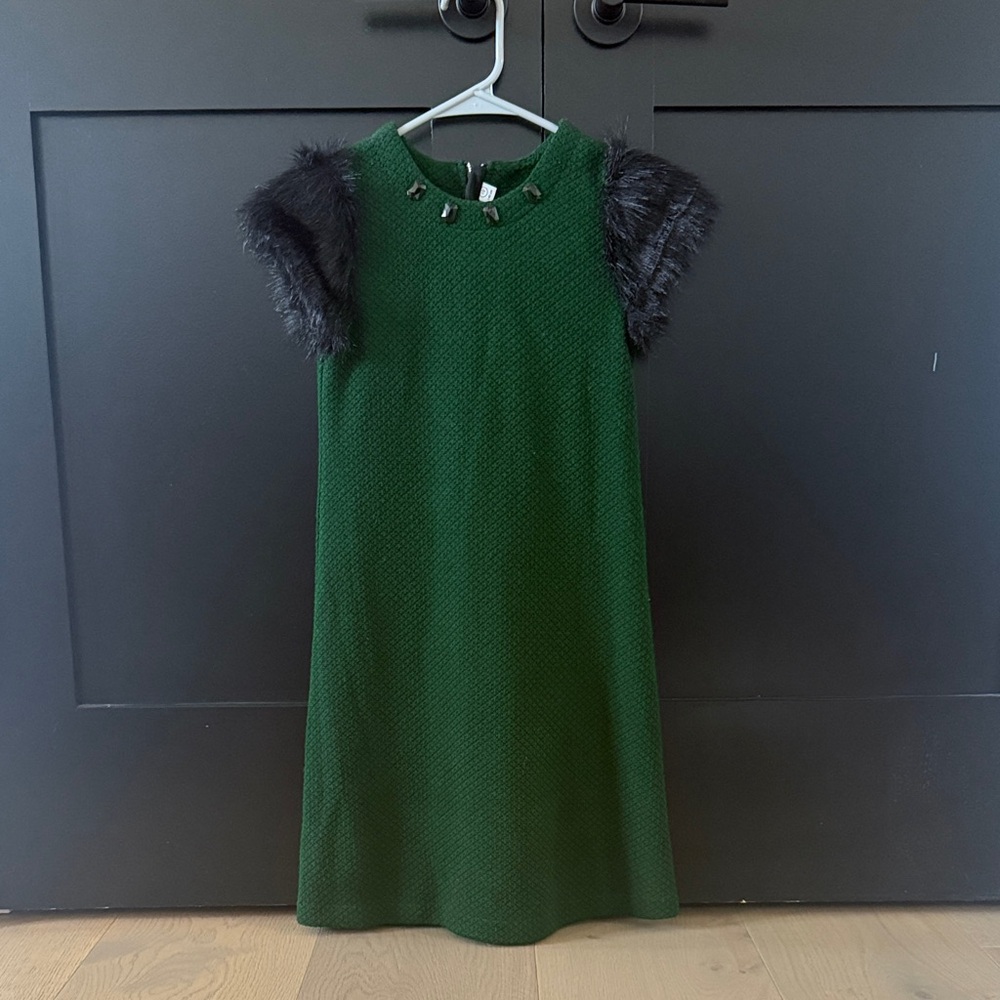 Deux par Deux Green Dress with Black Fur Sleeves